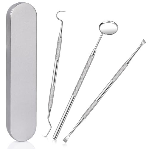 NEOUTH 3 Pieces Dental Pick Tools Kit Teeth Cleaning Calculus Remover Tool for Dentist Personal Using Pets Oral Care Set with Dental Mirror Dental Tartar Scraper Dental Probe and Storage Box